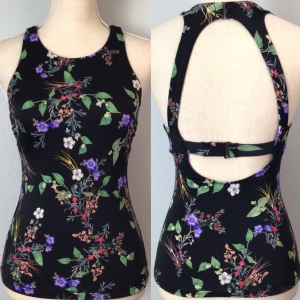ATHLETA Maldives Gold Coast Floral Tankini Top Black 40 B/C Underwire